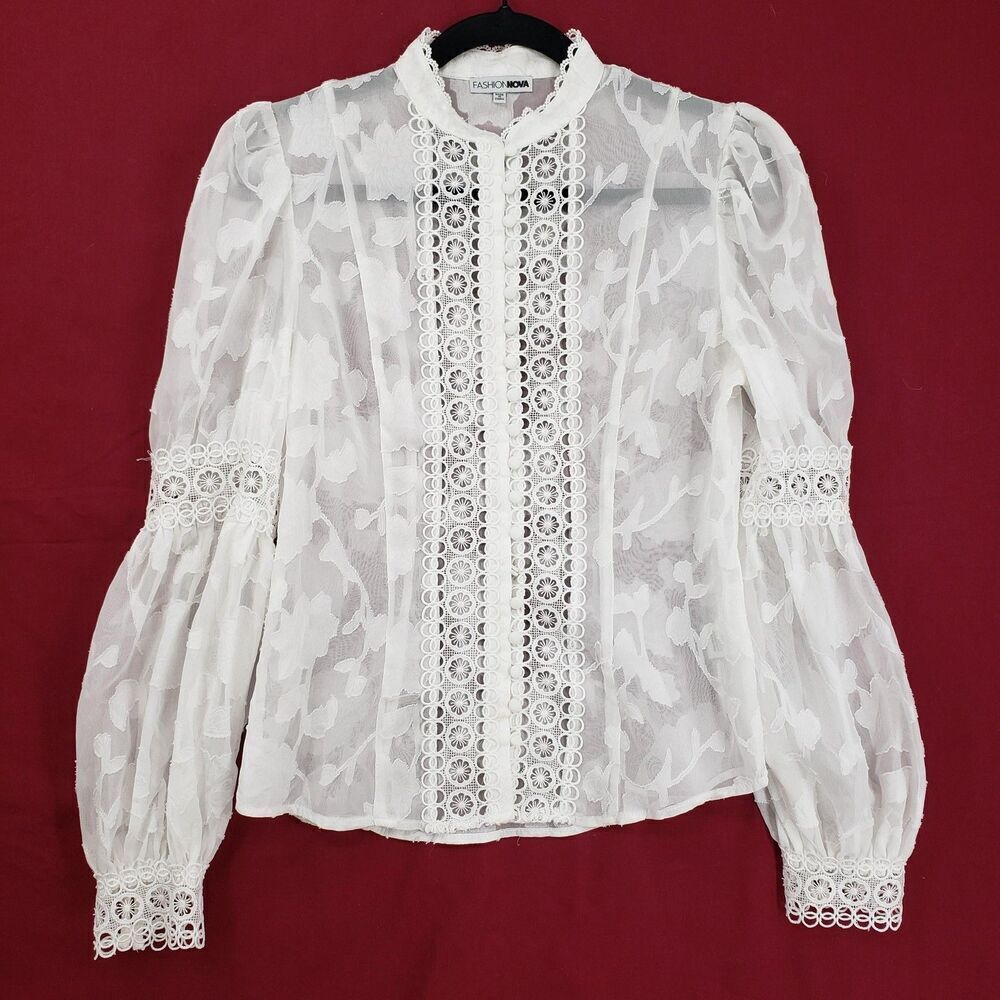 Fashion Nova Blouse Womens XS White Sheer Lace Mock Neck Long Sleeve Floral